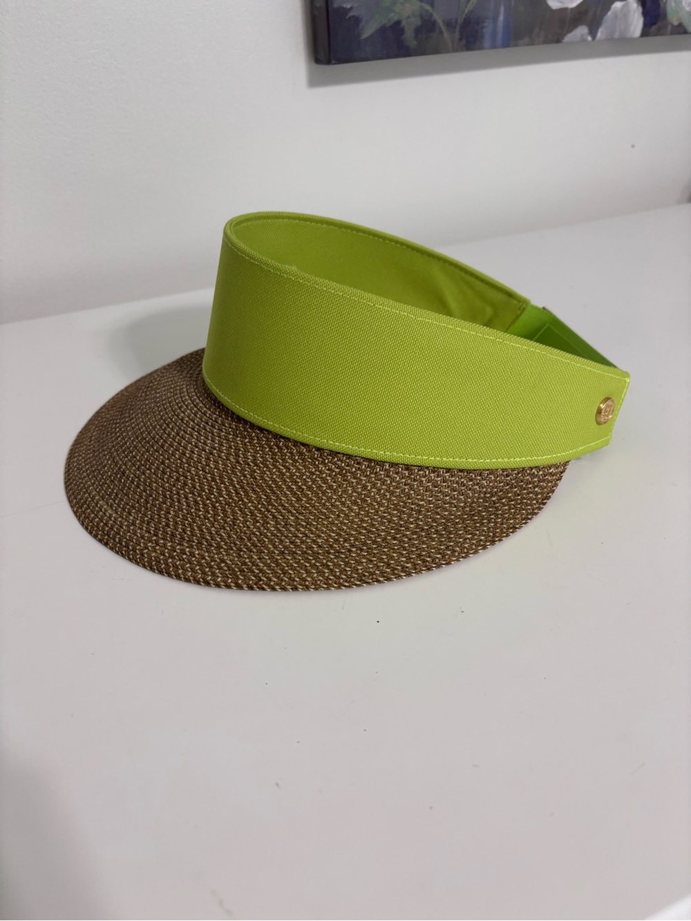 Eric Javits Lime Green and Brown Straw Visor